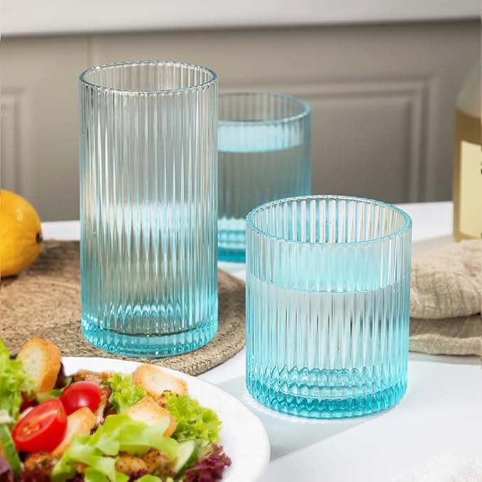 Ribbed Drinking Glasses 8pcs, 12oz and 10oz Glassware, Tumbler Glasses Cup Set for Wedding, Party, Christmas Gift, Blue