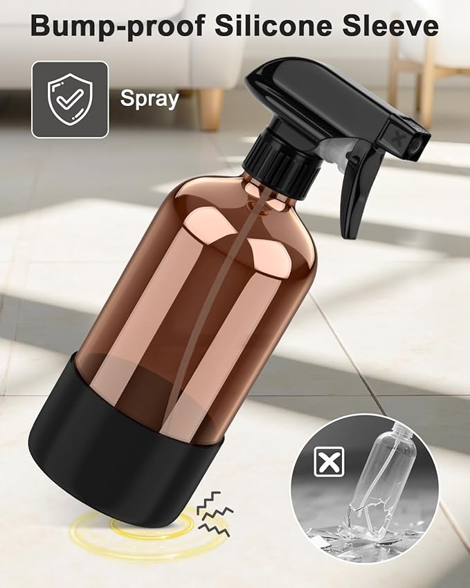 Bontip Amber Glass Spray Bottle, 16 oz with Black Silicone Sleeve, 3 Pack | Refillable amber glass bottle, With protective silicone sleeve, BPA-free, UV shielding, Great for cleaning solutions,plants