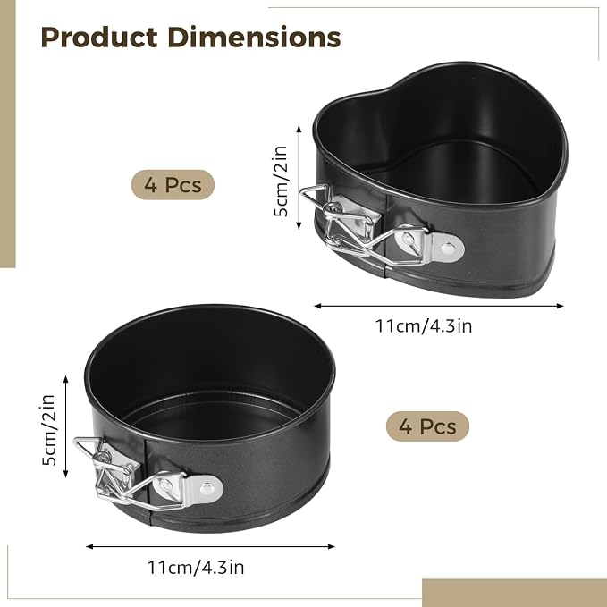 4 Inch Springform Pans, 8 Pcs Mini Springform Pans Set, Spring Form Pan For Cheesecake, 4 Pcs Round & 4 Pcs Heart Shaped Cake Pans, Non-Stick Carbon Steel, Removable Bottom