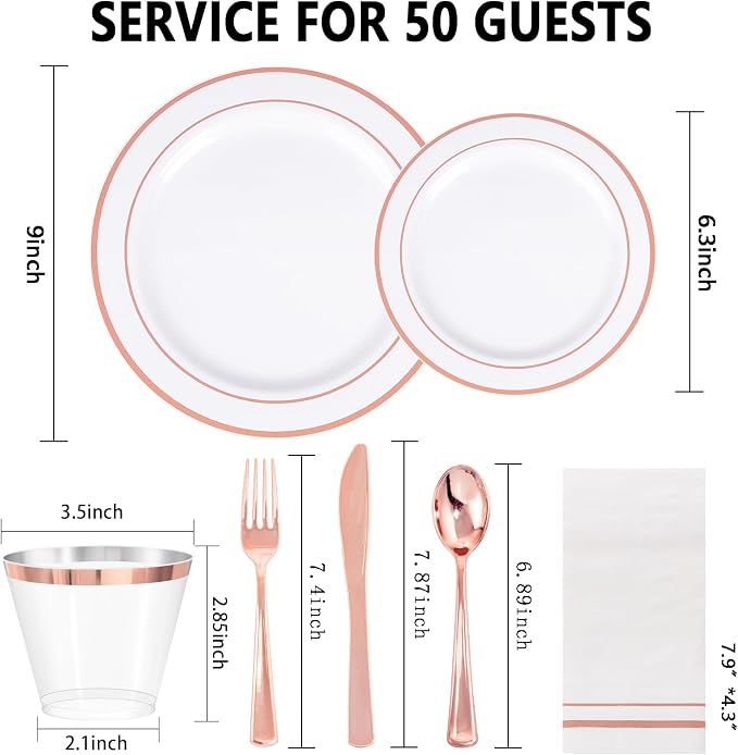 GATHER 350PCS Rose Gold Plastic Plates for Wedding Birthday Party | White and Rose Gold Disposable Dinnerware Set include 100 Plastic Plates, 150 Silverware, 50 Napkins, 50 Cups for Baby Shower
