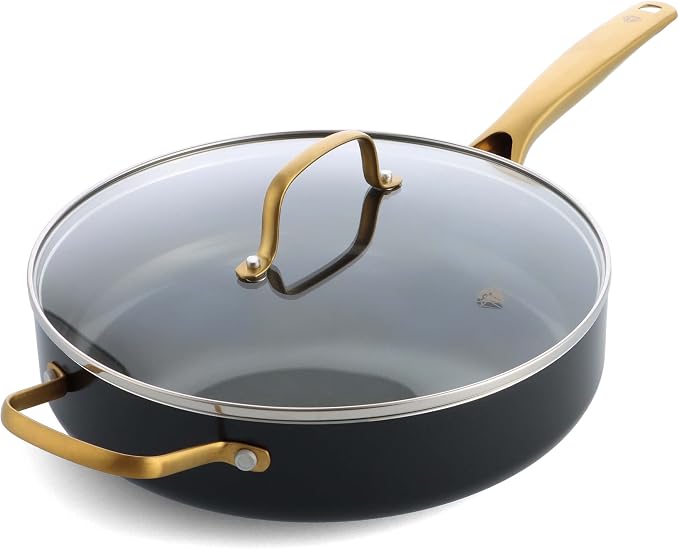 Blue Diamond 4QT Saute Pan with Lid, Non Toxic Induction PFAS-Free Diamond Ceramic Nonstick, Dishwasher & Oven Safe, Metal Utensil Safe, Gold Handle & Helper Handle, Jumbo Skillet, Glass Lid, Black