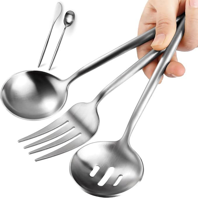 Silver Serving Utensils Set,5pc Stainless Steel Serving Spoons | 10.3’’ serving spoon,utensils set for parties,buffet serving utensils,for party banquet,heavy duty flatware,dishwasher safe