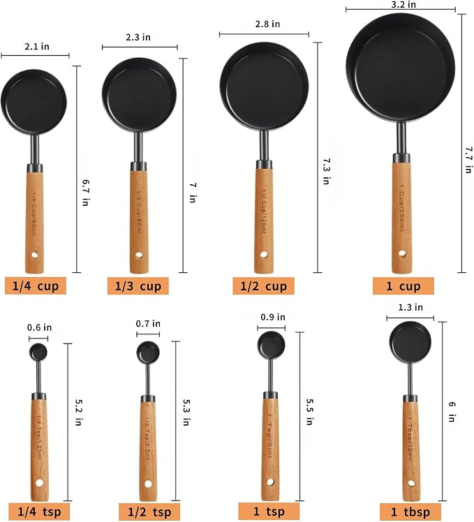 8pc Steel Measuring Set Nonstick Cups Spoons Wood Handle Markings | Food-grade anti-rust stainless steel nonstick easy-clean engraved dual markings hanging wooden handle for baking cooking