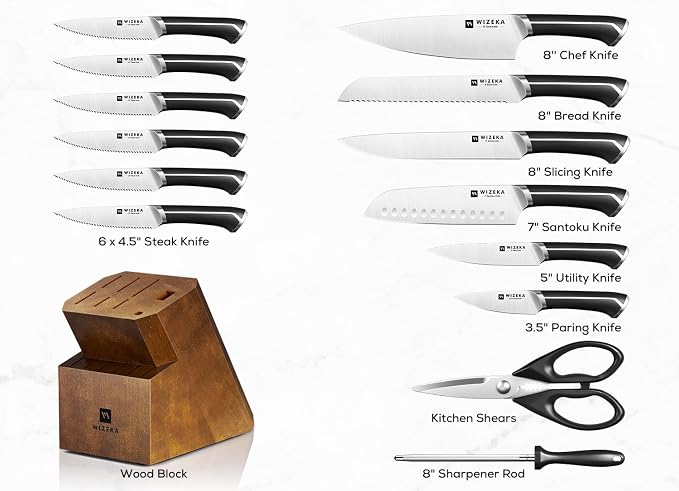 15PCS Kitchen Knife Set with Wooden Block, Razor Sharp, Crown Black | High Carbon Stainless Steel, Professional Performance, Ergonomic Handle, Versatile Daily Kitchen Helper, Ideal Gift Option