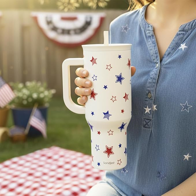 SANDJEST American Flag 40oz Tumbler with Handle and Straw, Insulated Stainless Steel Travel Coffee Mug for Women Girls, Gift Idea for Birthday Christmas 4th of July (Star)