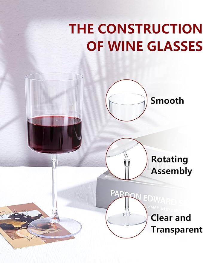 YOUBET 36Pack Plastic Wine Glasses - 10 oz Clear Disposable Wine Cups | Square Plastic Wine Glasses with Stem for Wedding Party Anniversary