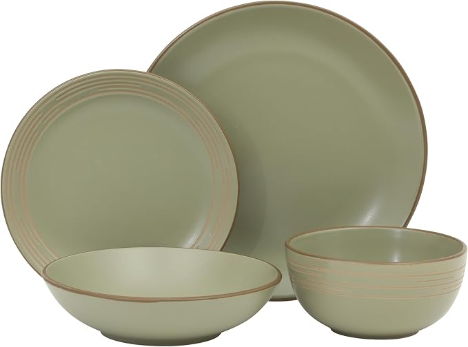 Gibson Home Chiswick House 16-Piece Stoneware Dinnerware Set, Round Plates and Bowls Set for 4, Green with Wax Relief Embossed Rim Detail, Dishwasher Safe – Dinner Plate, Salad Plate & Cereal Bowl
