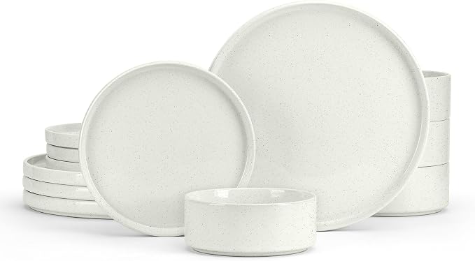 E-far Stoneware Dinnerware Sets, 12-Piece Plates and Bowls Set for 4, White | Kitchen Modern Dishes Dining Ware, Chip and Scratch Resistant, Microwave & Dishwasher Safe, Speckled White