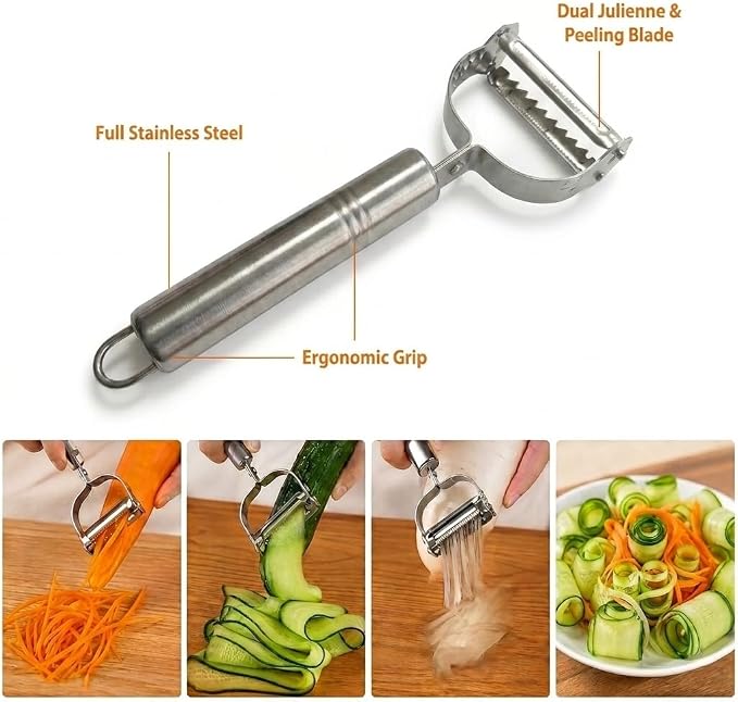 2PCS Multifunctional Julienne Vegetable Peeler for Potato Carrot | Ergonomic Wooden Handle & Bottle Opener, Ultra Sharp Stainless Steel for Kitchen, Veggies, Carrot, Hard Skin Pumpkin, Brown