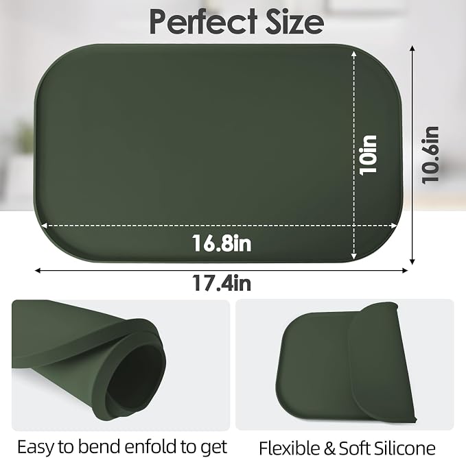 Silicone Coffee Maker Mat with Lip for Countertops 17.4''x10.6'' Dark Green | Multi leak-proof coffee tray for countertop, non-slip silicone mat fits most coffee makers & espresso machines, wipe-clean