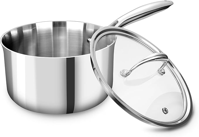 KEAWELL K3 Premium Tri-Ply Fully Clad Saucepan with Lid (3-Qt) | Tri-Ply Fully Clad Stainless Steel Saucepan; Small Pot with Lid; Even Heating; Induction and Oven Safe; For All Stovetops