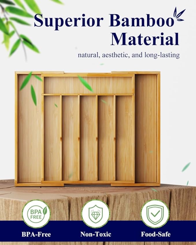 Kitsure Silverware Organizer, Bamboo Kitchen Drawer Tray, Natural, Large | Expandable Drawer Kitchen Organizer, Cooking Utensils & Cutlery, Sturdy & Thickened Design, Storage Solution