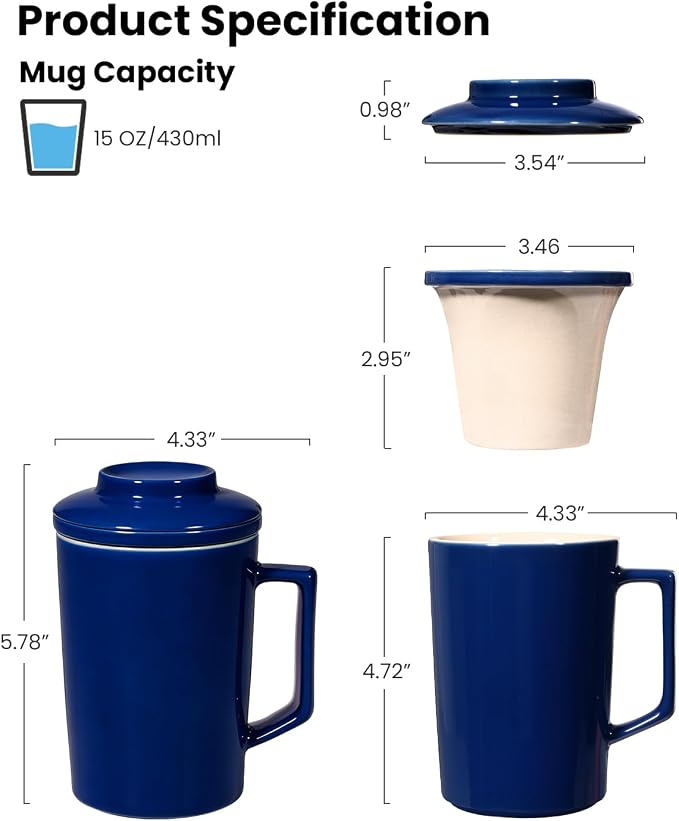 15 OZ Porcelain Tea Infuser Cup with Lid,Ceramic Tea Mug with All-Porcelain Strainer for Loose Leaf Teas,Microwave and Dishwasher Safe Tea Mug,Metal-Free,BPA-Free for Tea Lovers (Navy Blue)