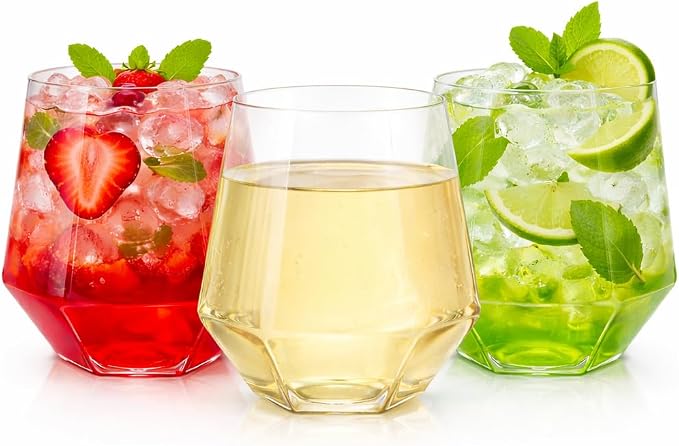 Oojami 40 Pack Diamond Disposable Wine Glasses 12 oz Plastic Clear | Shatterproof BPA-Free Reusable Recyclable, Stemless Cocktail Champagne Whiskey Cups for Wedding Birthday Party Bar Home