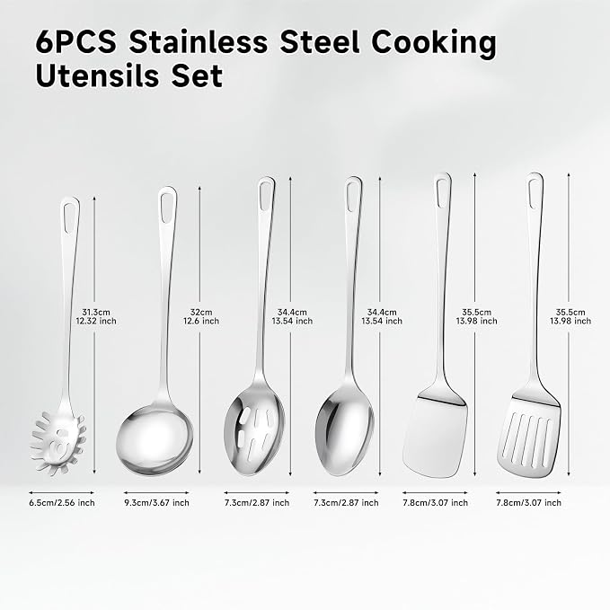 6PCS Stainless Steel Cooking Utensils, Kitchen Metal Spatula Set | Heat Resistant Kitchen Utensils Set, Dishwasher Safe, Home Essentials Kitchen Gadgets Accessories