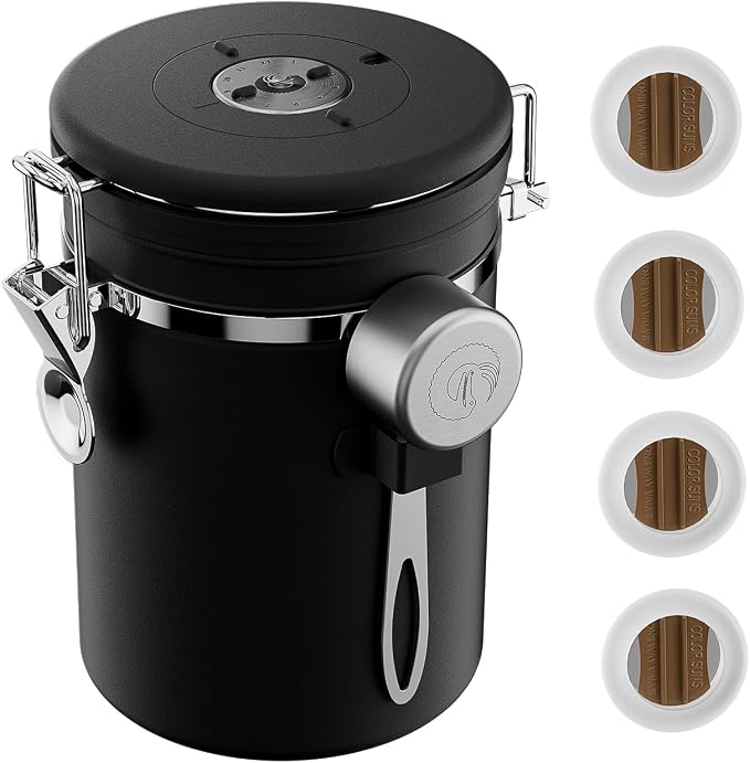 Coffee Gator Coffee Canister, 16oz Airtight Stainless Steel Container | w/ Date Tracker, Scoop, Kitchen Food Storage Jars for Beans , Ground, Rice, Tea, Sugar, Cookie, Bar Accessories, Black