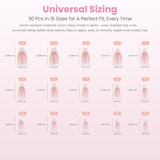 Nail Reformation Press On Nails, Sugar-Coated Pink Medium Almond Fake Nails | French Tip with 3D Pearls in a Glossy Finish, Reusable Stick On Nails in 15 Sizes - 30 False Nail Kit for Women Gifts