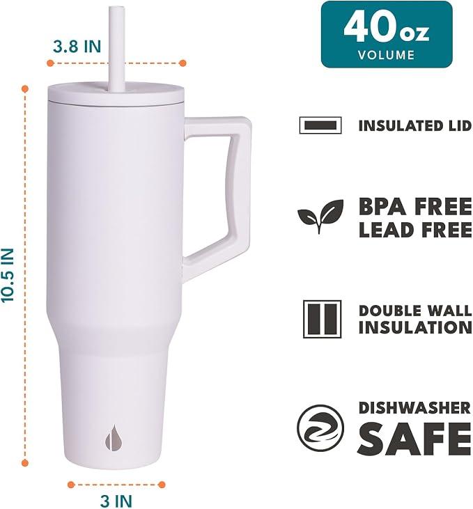 Elemental Spill Proof 40oz Insulated Tumbler with Handle & Straw Travel Mug | Stainless Steel Commuter Travel Coffee Mug for Cold Beverages, Includes 2 Straws & a Spill Proof Lid for Everyday Use