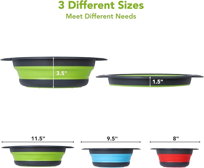 Collapsible Colander Set of 3 with Kitchen Counter Self-draining Base, Round Silicone Food Foldable Strainer for Cooking Pasta, Vegetables and Fruit (3QT, 4QT and 5QT)