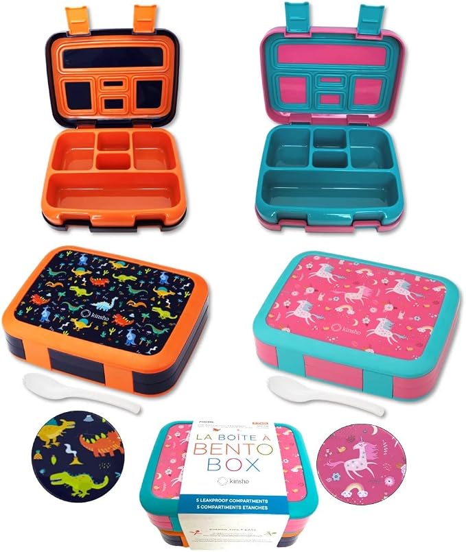 kinsho Bento Lunch Box Container for Kids Boys, 2 Pack (Unicorn Dinosaur) | 5 Portion Sections, BPA-Free Spill-Proof Leakproof Removable Plastic Tray, Snacks and Lunches for Toddlers Pre-School Daycare