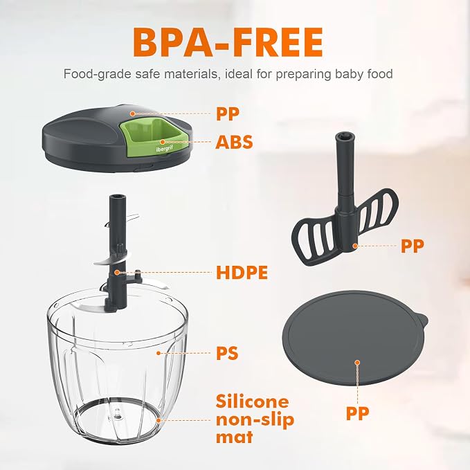 Ibergrif Manual Food Processor Vegetable Chopper, Portable Onion Chopper Garlic Mincer with Hand Pull String Cutter for for Veggies, Ginger, Egg, Fruits, Nuts, Herbs, 900ml, for Kitchen, Camping, RV