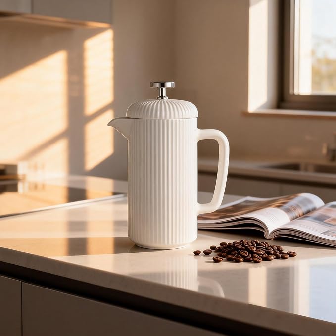 Easyworkz Porcelain French Press 34 fl oz, Coffee Tea Maker with Stainless Steel Plunger 1000 ml, Ivory