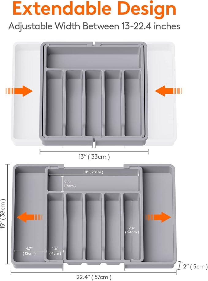 Lifewit Extra Large Silverware Drawer Organizer, Expandable Utensil Tray for Kitchen, BPA Free Flatware and Cutlery Holder, Adjustable Plastic Storage for Spoons Forks Knives, 13-22 x 15, Gray