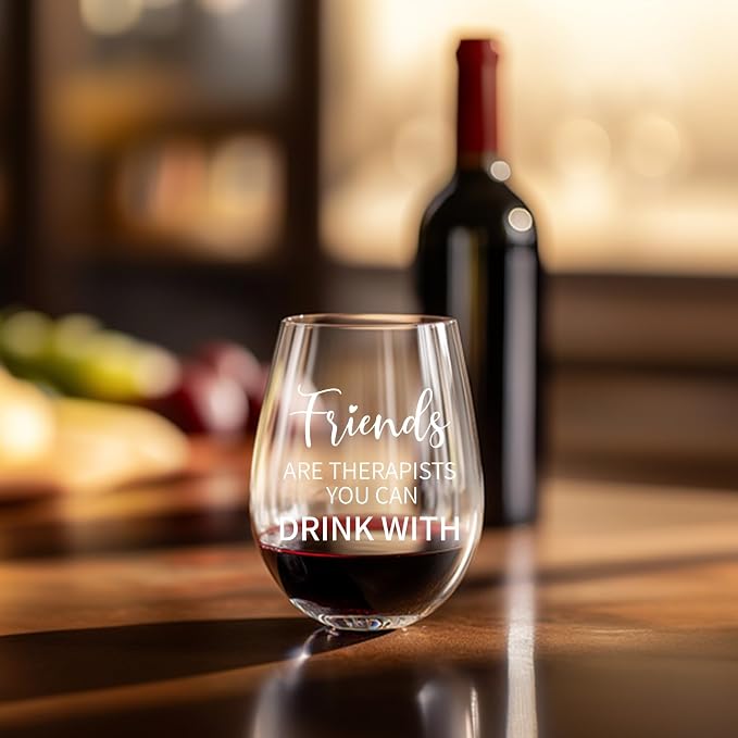 rthday Gifts for Women Friendship 15 oz Wine Glasses, Dishwasher Safe | “Friends Are Therapists You Can Drink With” – Scratch-Resistant Wine Glass, Best Friend Birthday Gifts for Women (White)