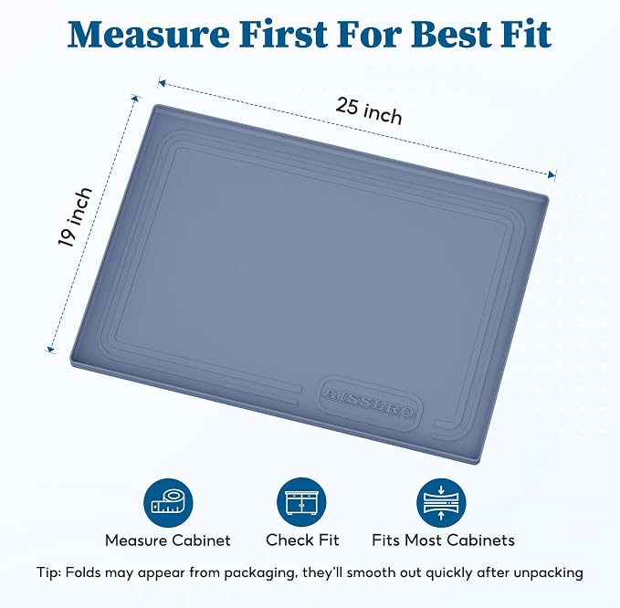 Under Sink Mat 25x19, Waterproof Liner for Under Sink Organizers, Dark Blue | BPA-Free Silicone with 0.59" Raised Edge Helps Contain Leaks, Spills & Drips to Protect Kitchen Cabinets