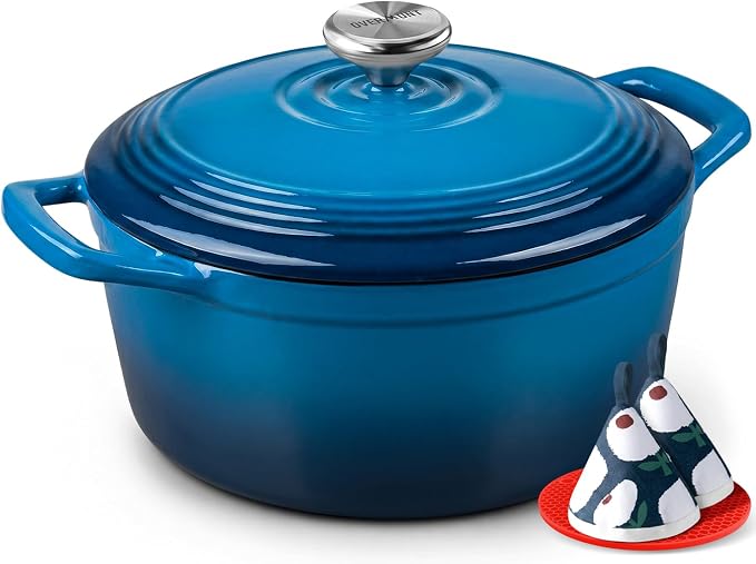 Overmont Enameled Cast Iron Dutch Oven - 5.5QT Pot with Lid Cookbook & Cotton Potholders - Heavy-Duty Cookware for Braising, Stews, Roasting, Sourdough Baking Blue