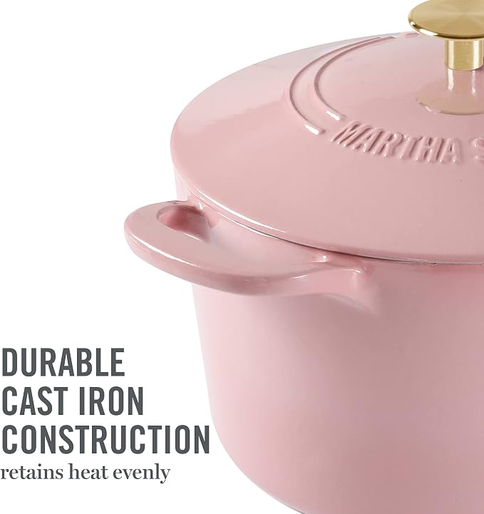 MARTHA STEWART Gatwick 7-Quart Enamel Cast Iron Dutch Oven Pot with Lid – Pink – Heavy-Duty Dutch Oven for Slow Cooking, Braising & Baking