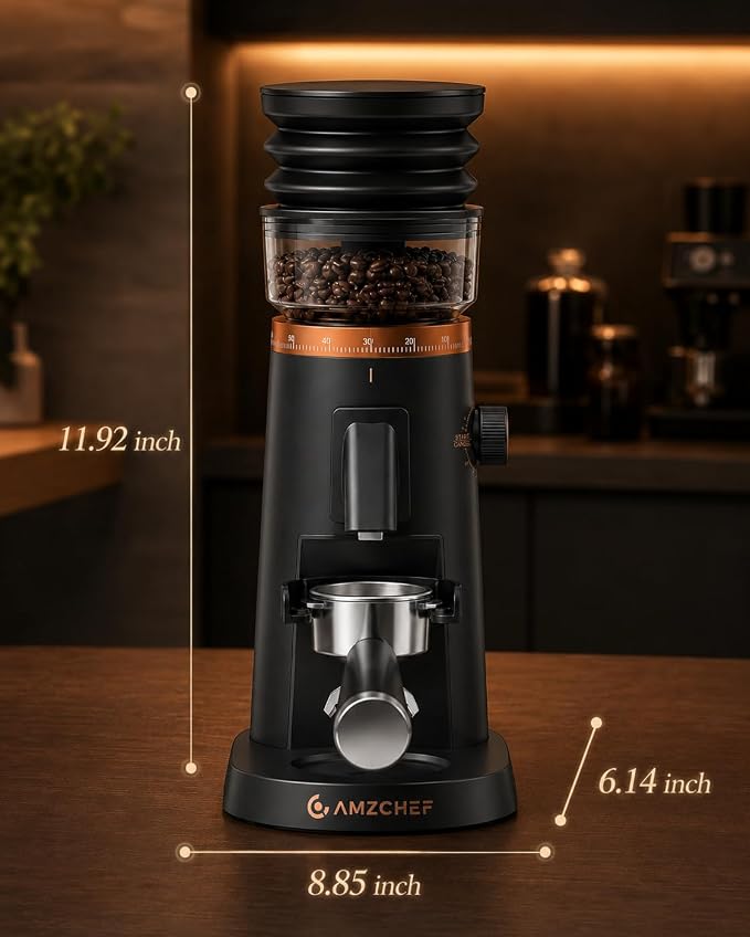 AMZCHEF Single Dose Burr Grinder, 75 Settings, Quiet DC Motor, Anti-Static | 40mm Burr, <0.2g Retention, 5-60s Timer, Magnetic Outlet, Vacuum Storage Cup, LED Light, Espresso, Pour-Over & French Press