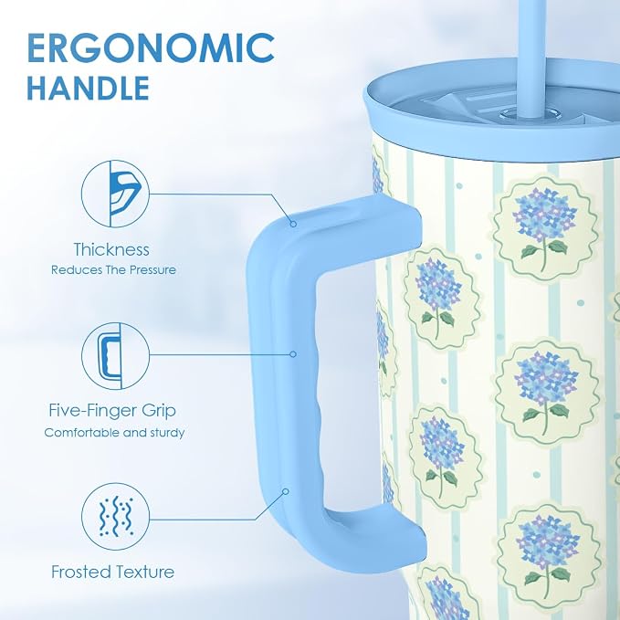 SANDJEST Hydrangea 40oz Tumbler with Handle and Straw, Floral Insulated Stainless Steel Travel Coffee Mug for Women Girls, Gift Idea for Birthday Christmas Mothers Day
