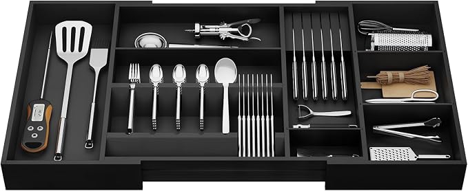 Bamboo Expandable Kitchen Drawer Organizer, 17.7-29.5 in,Black | 5-8 detachable slots, equipped with dedicated tool slots for butter knives, storing tableware and saving space