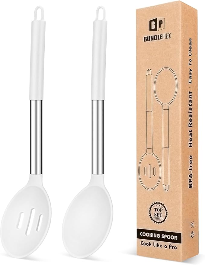 BUNDLEPRO Silicone Cooking Spoons for Non Stick Cookware, 2 Pack, White | Heat Resistant, Large Kitchen Spoons for Mixing, Serving, Draining, Stirring