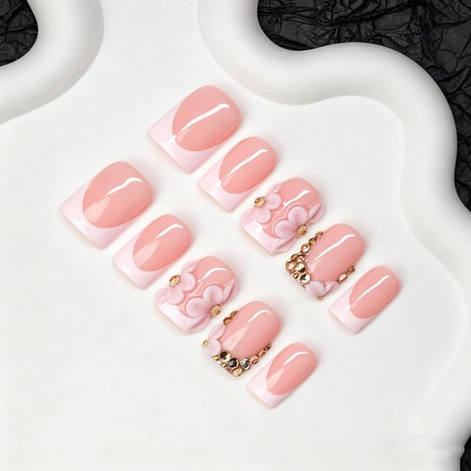 10pcs Press on Nails Flowers Handmade White French Tip Fake Nails with 3D Flower & Gold Rhinestone Designs Short Square Muti-Layer Gel Acrylic Nail Full Cover Thick Stick on Nails for Women (M)