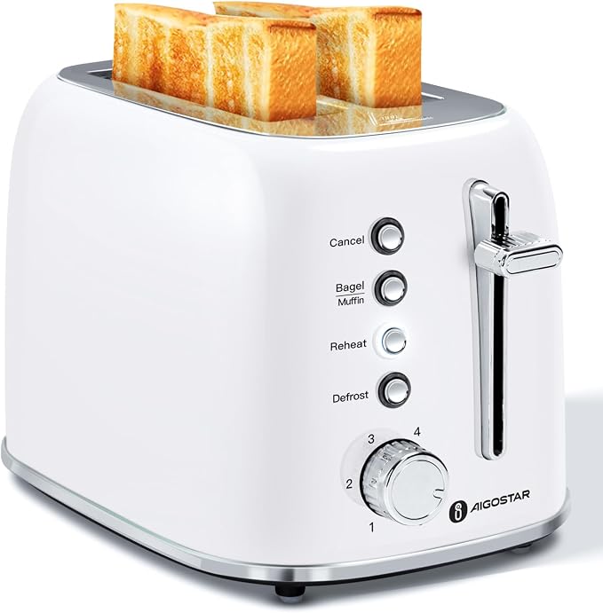 Aigostar Retro 2 Slice Toaster, Stainless Steel, White | 1.6 Inch Extra Wide Slots, Bagel Function, Cancel & Defrost, 6 Shade Settings, Removable Crumb Tray