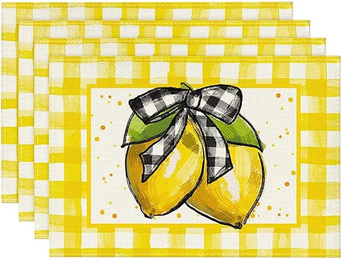 Artoid Mode Yellow Buffalo Plaid Lemon Placemats for Dining Table, 12 x 18 Inch Summer Seasonal Decoration Rustic Washable Table Mats Set of 4