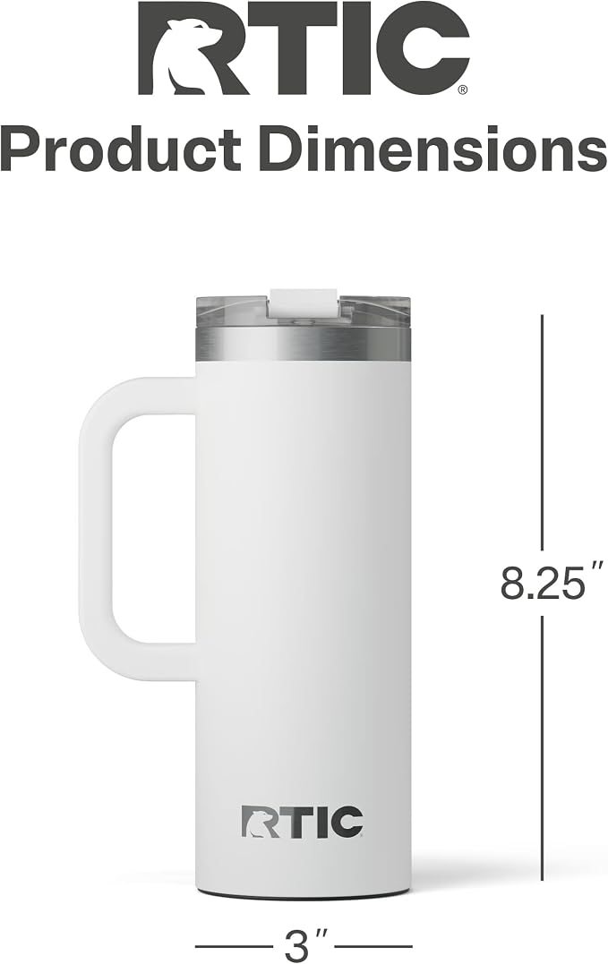 RTIC 20oz Road Trip Travel Mug with Lid and Handle, Ceramic Lined, Insulated, Stainless Steel, Metal, Double Wall Vacuum-Insulation, Portable Coffee, Tea Cup for Hot and Cold Drink, White