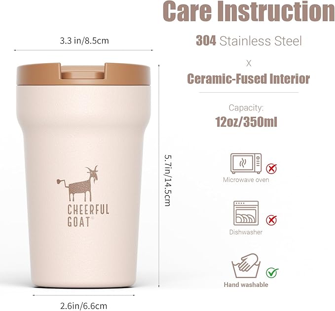CHEERFUL GOAT Ceramic Lined Coffee Mug – Stainless Steel Travel insulated Tumbler with Ceramic Liner, with lid 12oz Leak Proof Cup for Hot and Cold Water Coffee at Home, Office, or In the Car (Coffee)
