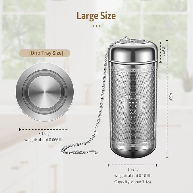 2 Pack Tea Infuser with Drip Tray, Extra Fine Mesh Tea Infusers for Loose Tea, 316 Stainless Steel Tea Strainer with Extended Chain Hook, Tea Steeper (2 Pack - Large)