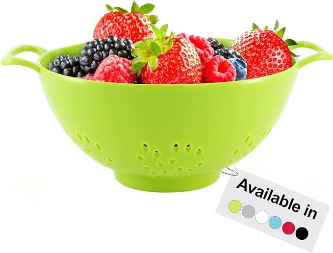 Meadow Lane 6-Inch Small Colander, 3-Cup Food Strainer, Meadow Green | BPA-free, dishwasher-safe mini colander has a wide, shallow bowl, 1/8-inch holes, two handles, ring foot and smooth edges.