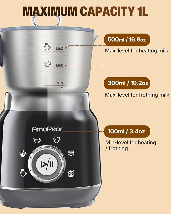 Electric Milk Frother and Steamer, 6 in 1 Hot & Cold Foam Maker for Coffee | 16.9oz/500ml Milk Warmer for Latte, Macchiato, Cappuccino, Hot Chocolate Maker, Dishwasher Safe (Black)