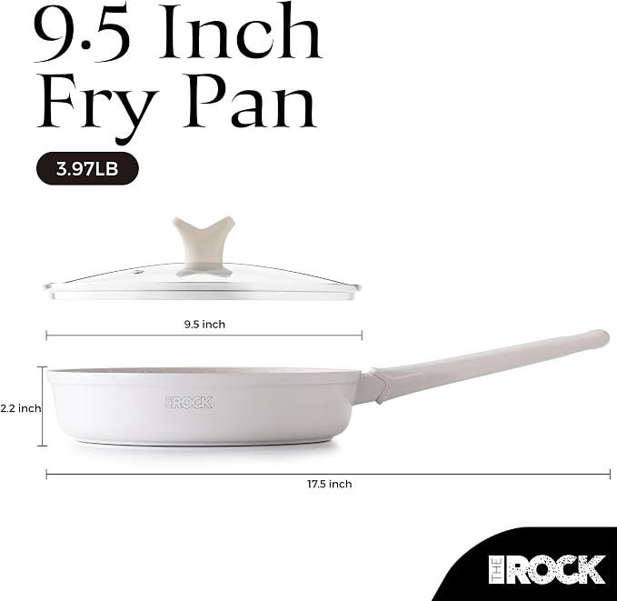 THE ROCK SOHO 9.5-Inch Non Stick Frying Pan with Lid–Nothing Sticks, Never Warps, Lasts Longer, Ceramic Non Toxic Skillet with Heat-Resistant Handle, PTFE PFOA&PFAS Free, Dishwasher Safe, Cream