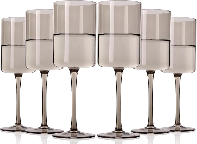 Smokey Gray Wine Glasses Set of 6-14oz【 Hand Blown 】 Square Colored Wine Glasses,Colorful Glasses with Tall Long Stems, Modern Glasses Set of 6 For All Occasions