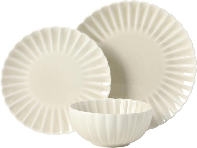 Gibson Elite Peach Orchard 12-Piece New Bone China Dinnerware Set Service for 4, Embossed Fluted Plates and Bowls, Dishwasher and Microwave Safe, Cream White
