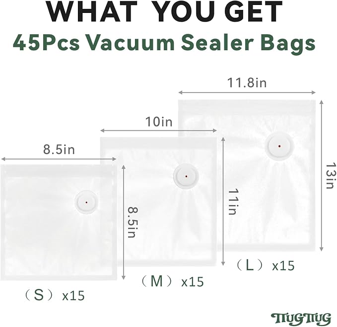 Reusable Vacuum Sealer Bags for Food 45Pcs (S/M/L), BPA-Free Sous Vide Bags for Microwave Heating, Cooking and Freezer Storage, Compatible with Most Handheld Sealers and Vacuum Sealer Machines