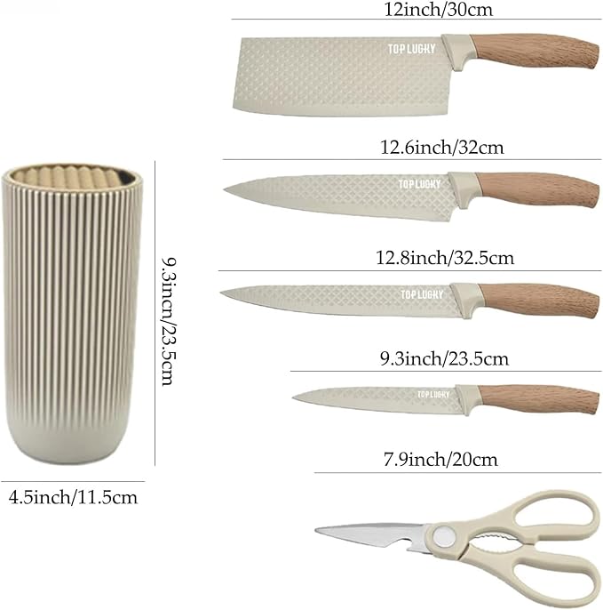 Kitchen Knife Set, Retrosohoo 6-Pieces Khaki Sharp Knife Block Sets for Kitchen, Non-stick Non-slip Stainless Steel Chef knives with Universal Block Suitable for Home Restaurant (Khaki)
