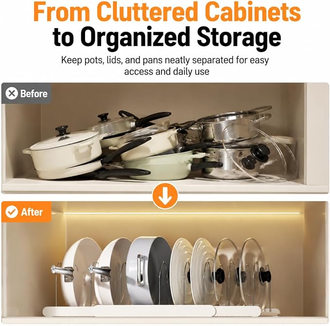 Expandable Pots and Pans Organizer Under Cabinet, Pan Organizer Rack with 9 Adjustable Slots, Pot Lid Holder for Cabinet, Countertop, Plates, Cutting Boards, Baking Sheets-White