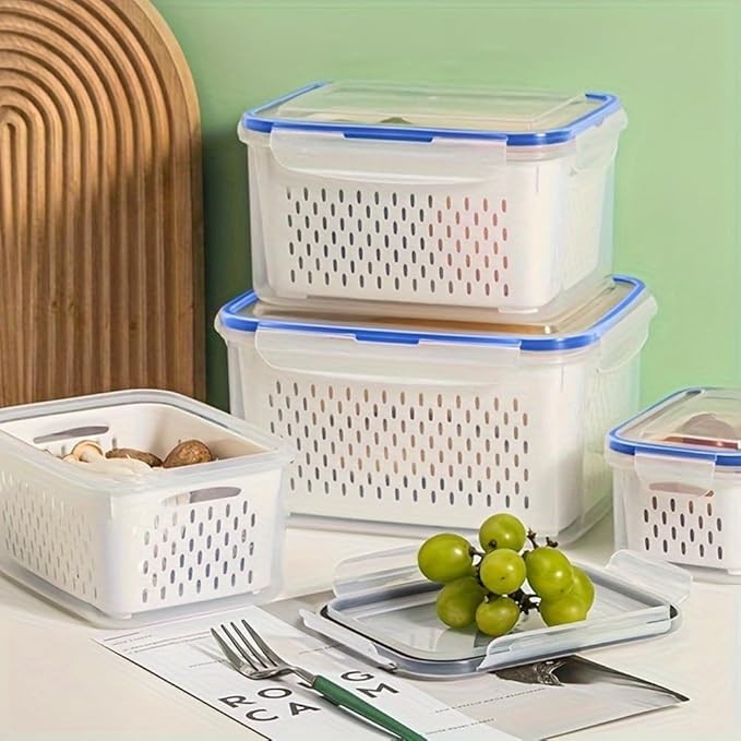 2pcs Fruit Storage Containers for Fridge, Leakproof Food Storage Containers with Removable Colander Airtight Food Storag-e Container Keep Produce Vegetables Berr-y Fresh Longer(COLOR:Clear White)
